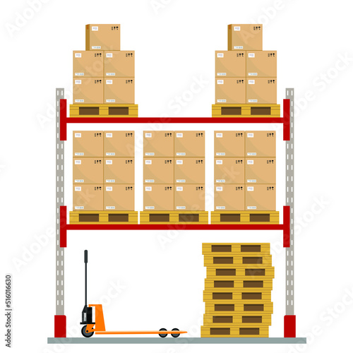 Metal racks for a warehouse with boxes on pallets. Flat design, front view. Vector illustration.
 Boxes on wooded pallet illustration, flat style warehouse cardboard parcel boxes stack front view 