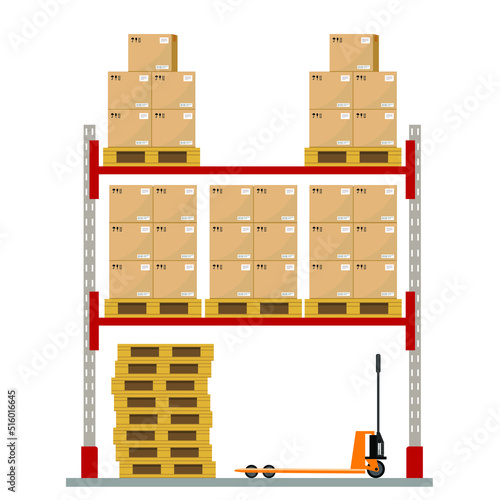 Metal racks for a warehouse with boxes on pallets.Flat design, front view. Vector illustration.
 Boxes on wooded pallet illustration, flat style warehouse cardboard parcel boxes stack front view image