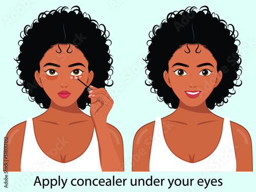 African girl before and after applying concealer under her eyes skincare make up concept, woman apply of liquid foundation on her face