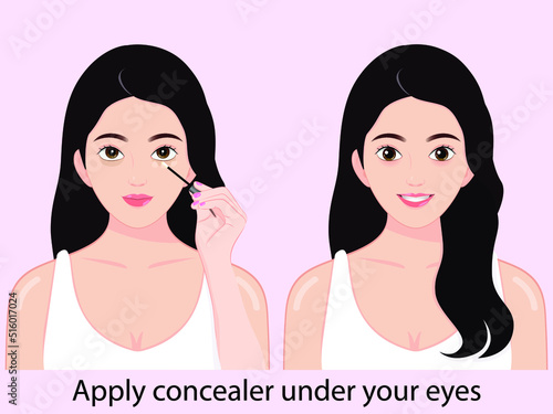 Before and after girl smiling applying concealer under her eyes skincare make up concept, woman apply of liquid foundation on her face