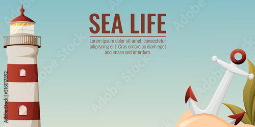Lighthouse, anchor in the sand, underwater plant, vector background, illustration with place for text. Nautical cartoon style. For banner, poster, flyer, website interface
