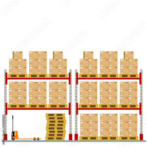 Metal racks for a warehouse with boxes on pallets. Flat design, front view. Vector illustration.
 Boxes on wooded pallet illustration, flat style warehouse cardboard parcel boxes stack front view imag photo