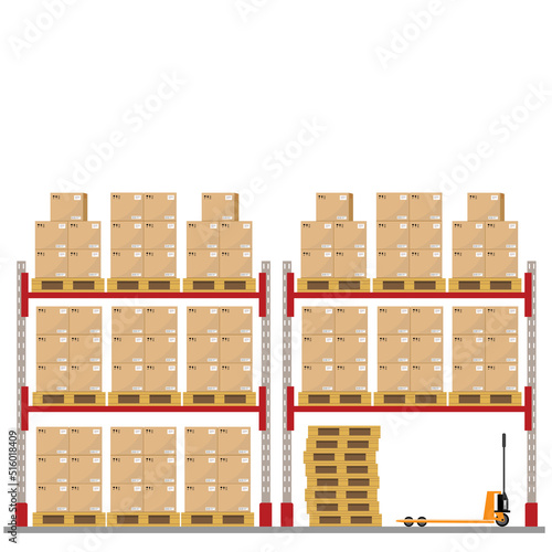 Metal racks for a warehouse with boxes on pallets. Flat design, front view. jpeg image illustration.Boxes on wooded pallet jpg  illustration, flat style warehouse cardboard parcel boxes stack front 