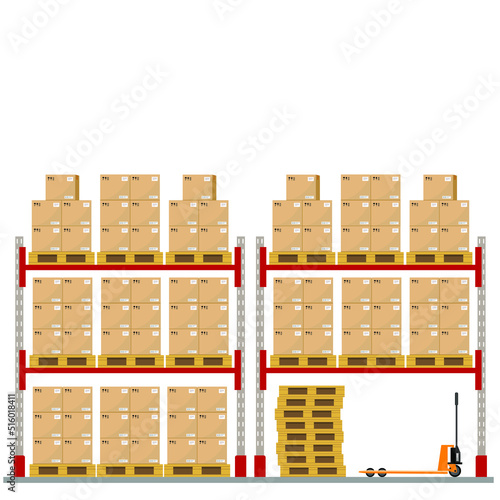Metal racks for a warehouse with boxes on pallets.Flat design, front view. Vector illustration.
 Boxes on wooded pallet illustration, flat style warehouse cardboard parcel boxes stack front view image