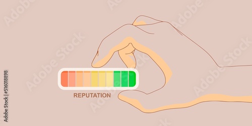 Hand holding reputation indicator with color levels.