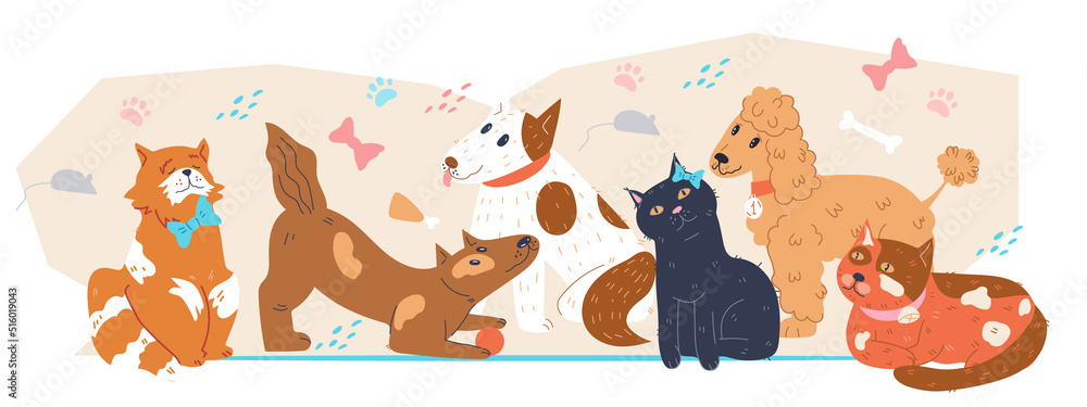 Fototapeta premium Cute funny cats and dogs at decorative backdrop for veterinary clinic or pet shop banner, flat vector illustration isolated on white background. Domestic pets care concept.