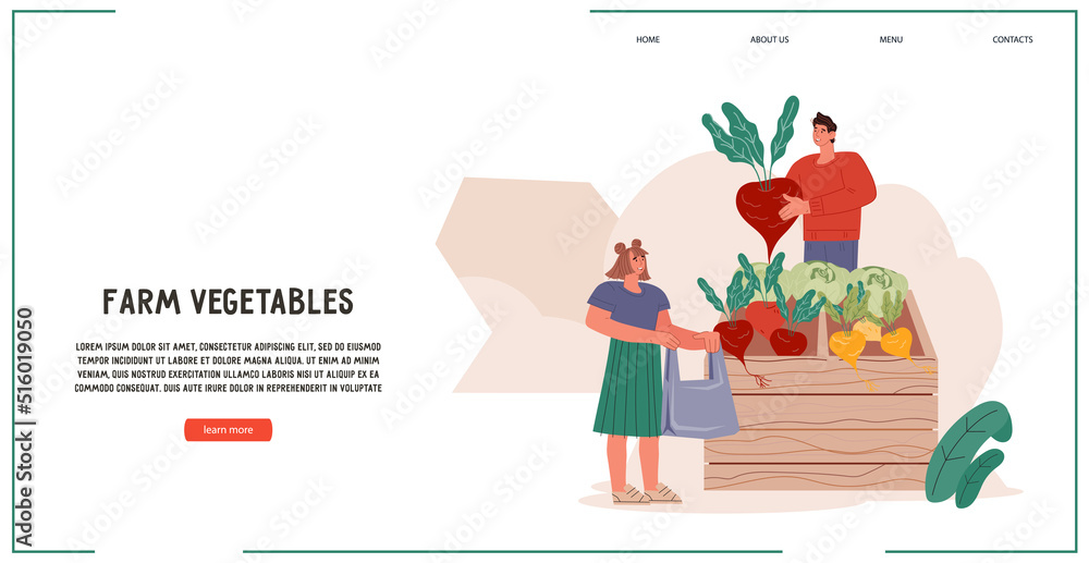 Farm vegetables and natural fresh products sale and delivery concept of web banner or landing page, flat vector illustration. Local farm production, fresh vegetables market sale. Farm vegetables and natural fresh products sale and delivery concept of web banner or landing page, flat vector illustration. Local farm production, fresh vegetables market sale.