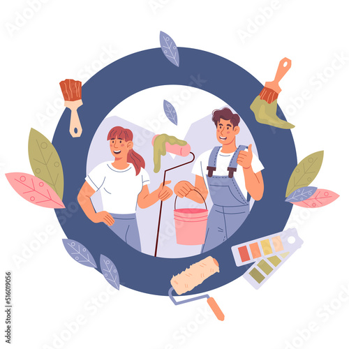 Home painting renovation and remodeling, interior design service emblem or logo element flat vector illustration isolated on white background. House remodeling and renovation.