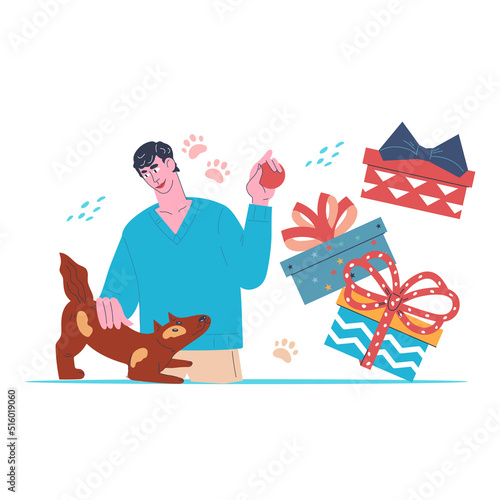 Owner receives gifts for his dog or puppy, flat vector isolated on white. Pet birthday party or gifts from veterinary shop concept.