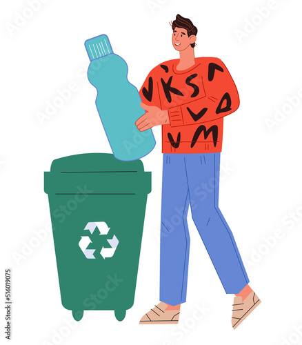 Man with used plastic bottle for recycling, flat vector illustration isolated on white background. Recycling and zero waste, eco friendly lifestyle concept.