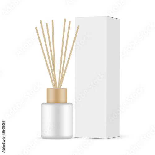 Diffuser Bottle With Aroma Sticks and Packaging Box Mockup, Side View, Isolated on White Background. Vector Illustration