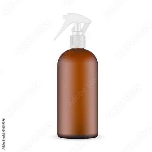 Amber Spray Bottle Mockup, Front View, Isolated On White Background. Vector Illustration