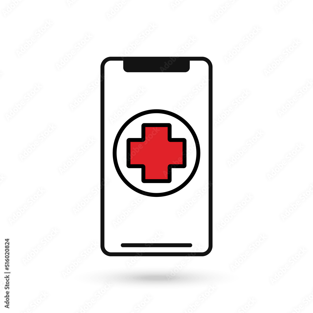 Mobile phone flat design icon with first aid kit symbol Mobile phone flat design icon with first aid kit symbol