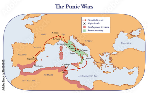 Map of the territories controlled by Rome and Carthage during the Punic wars 