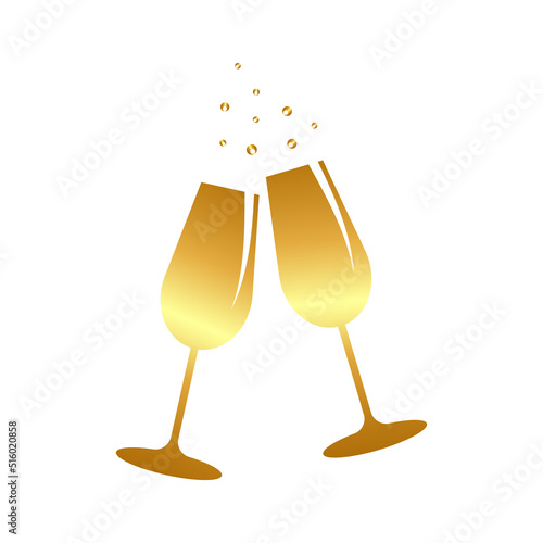 Two vector champagne glasses of golden color and bubbles.