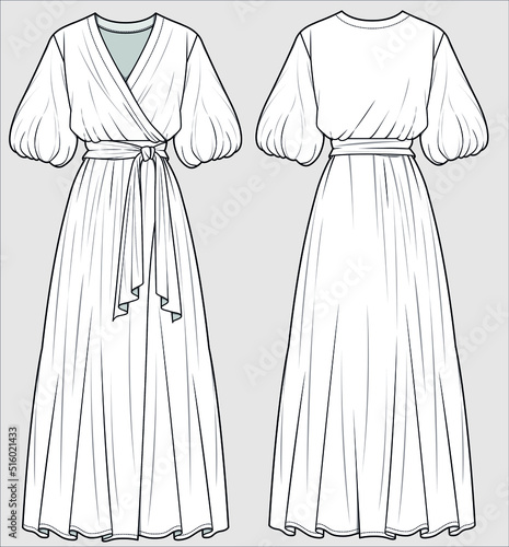 TECHNICAL SKETCH OF MAXI DRESS FOR WOMEN IN VECTOR FILE
