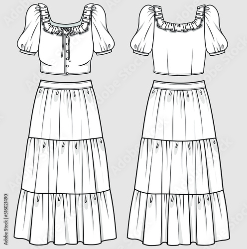 FILLED TOP WITH TIERED MAXI SKIRT SET FOR YOUNG WOMEN AND TEEN GIRLS IN EDITABLE ECTOR FLE
