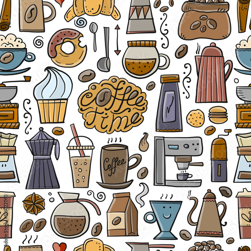 Coffee doodles, seamless pattern for your design. French press, cup of coffee, latte, cappuchino, espresso, grinder, pots, coffee beans, sweets