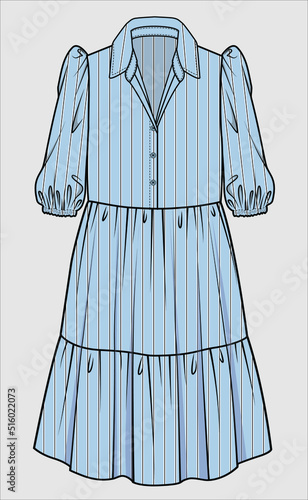 STRIPER SHIRT DRESS WITH PUFF SLEEVES FOR WOMEN AND TEEN GIRLS IN EDITABLE VECTOR FILE