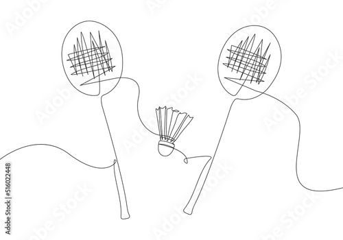 Badminton set with racket and shuttlecock one line art. Continuous line drawing badminton, sport, fitness, feather, sports, activity, club, racquet, game, training, tennis leisure professional play.