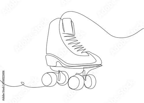 Retro roller skates one line art. Continuous line drawing of sport, shoes, skating, speed, rollerskating, retro, exercise, footwear, hobby, training, activity, sporty, athlete, training.