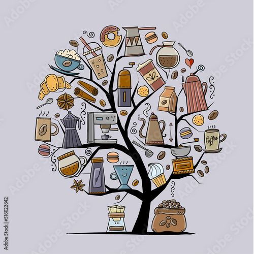 Coffee concept tree for your design. French press, cup of coffee, latte, capp...