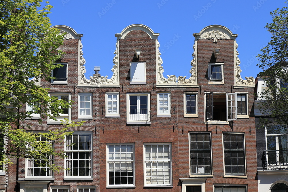 Amsterdam Prinsengracht Canal Historic House Facades with Neck Gables Close Up, Netherlands