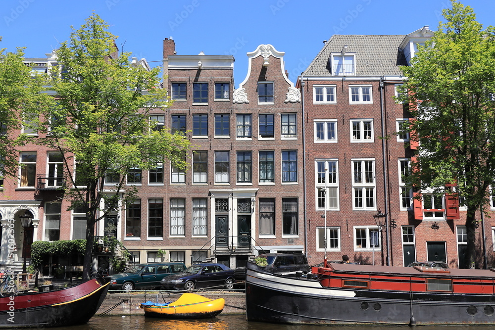 Amsterdam Prinsengracht Canal View with Historic House Facades and Boats, Netherlands