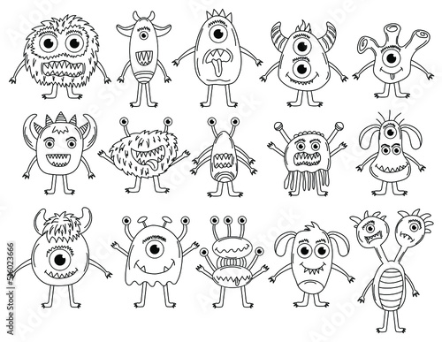 Funny and cute Alien monster with three eyes for kids. Imaginary creature for children coloring book, black and white outline fantasy cartoon for coloring pages.