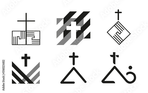 Church logo vector creative design. Set of christian church icons and church logos abstract geometric template. Christian cross outline silhouette. Christian symbol of Jesus Christ. 