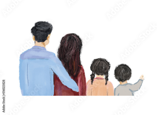 Rear view of Parent, girl, and boy looking in digital illustration