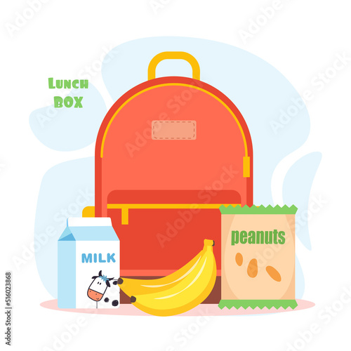 Lunch box with school meal cartoon banana, milk, peanuts, sandwich, soda. Flat vector illustration isolated on white. Colorful appetizing snack food in kids lunch box. Colored healthy meals storage. 