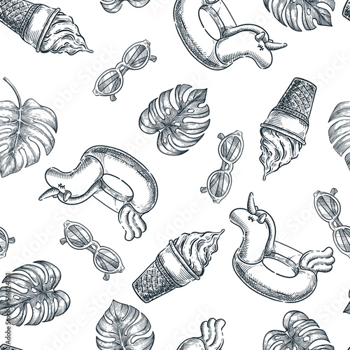 Summer seamless pattern. Unicorn pool toy, leaves, ice cream and sunglasses vector hand drawn sketch illustration