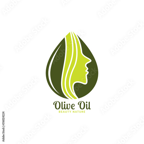 woman beauty oil logo design with woman face and olive oil design template.