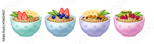 Granola in bowl set. Fruits, berry and nuts, mint. Oatmeal breakfast, oat grain porridge. Muesli flakes. Vector sketch. Realistic illustrations.