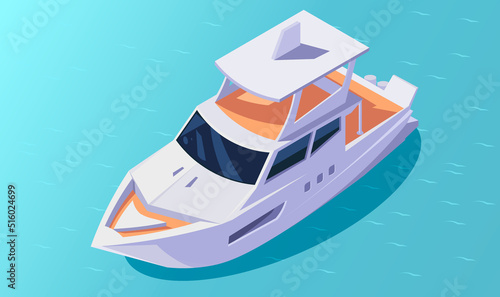 Yachts isometric icon. Travel ship. Luxury marine cruise boat. Yachting 3d vessel. Fishing sea cruise. Tourism water transport for river or lake. Vector illustration