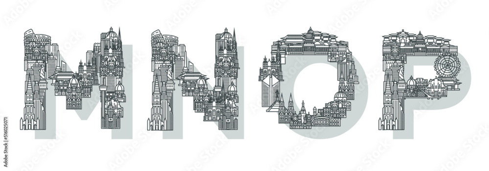 Linear city font letters M N O P. Excellent font consisting of houses buildings and skyscrapers. Suitable for web, advertising, posters, banners and brochures.