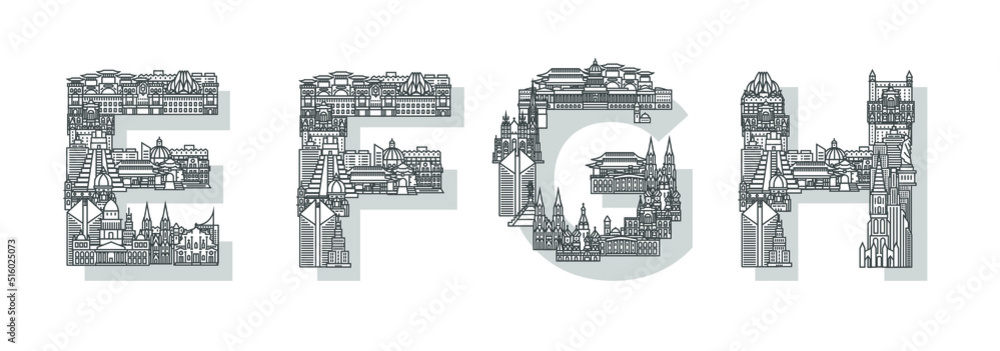 Linear city font letters E F G H. Excellent font consisting of houses buildings and skyscrapers. Suitable for web, advertising, posters, banners and brochures.