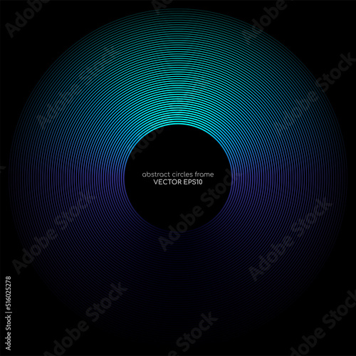 abstract circles line wave expand pattern border frame by gradient blue green light isolated on black background.