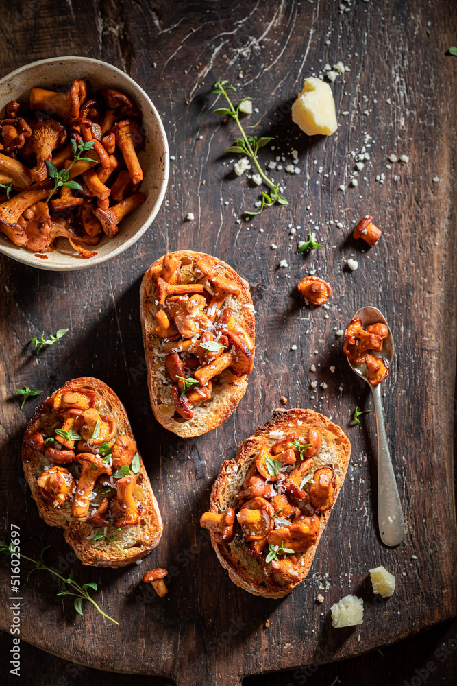 Tasty and fresh toasts made of mushrooms and parmesan cheese. Tasty and fresh toasts made of mushrooms and parmesan cheese.
