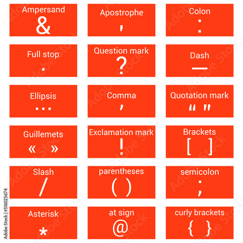 list of punctuation marks in English grammar vector illustration on white background