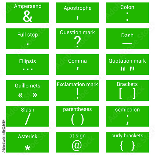 list of punctuation marks in English grammar vector illustration on white background