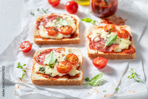 Delicious and hot toasts for lunch as a quick appetizer.
