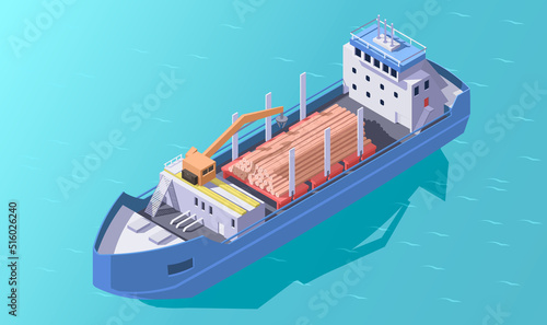 Ocean cargo transport ship isometric. Sea vessel type 3d. Logistic ship. Water shipment crane container. Vector illustration