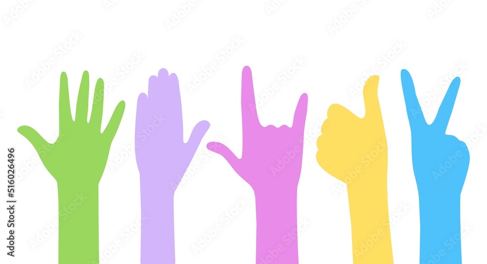 Fototapeta premium Silhouettes of human hands of different colors. Gestures of greeting. Against a white background. Crowd, celebration, concert, rally, LGBT. Used in advertising, web design. Graphics. Vector.