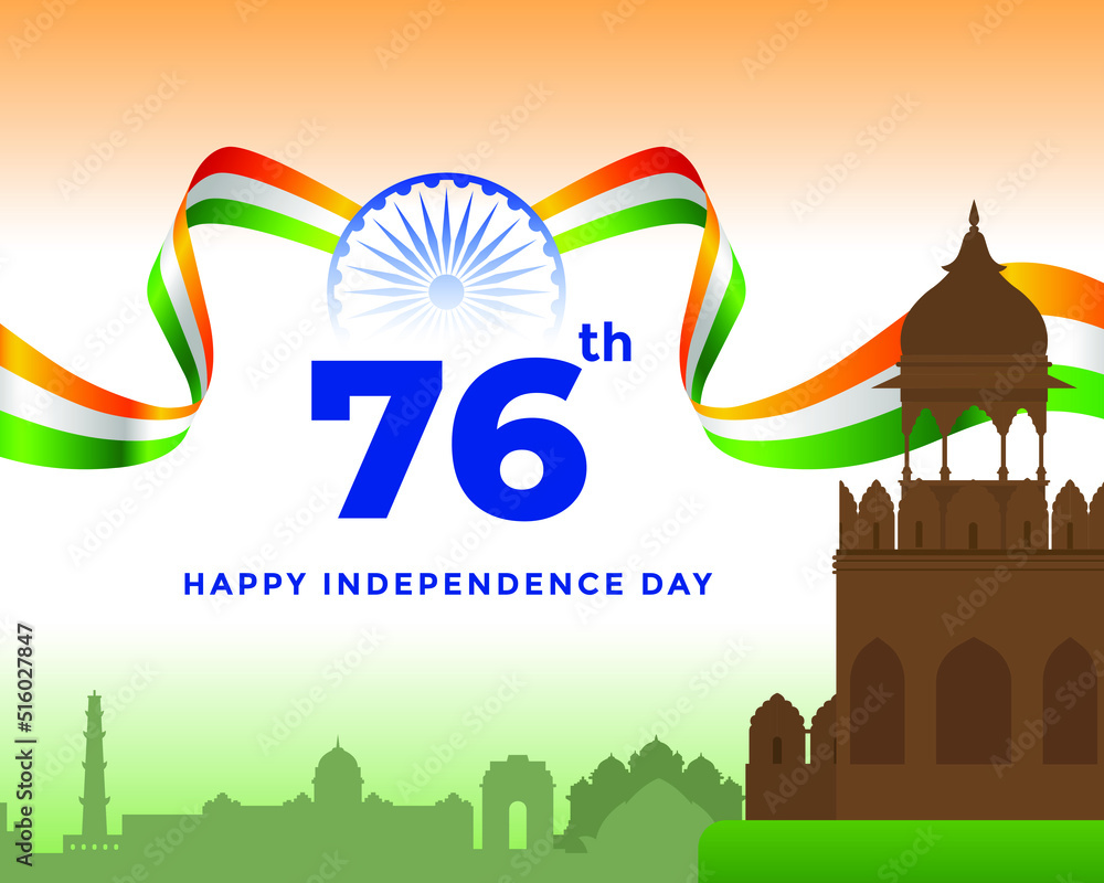 76th Independence day of India greeting with tricolor Indian flag. 15th August template for website and social media.