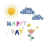 Funny slogan with sequins and glitter elements, pompom sun. Happy day childish print design. Vector hand drawn illustration.