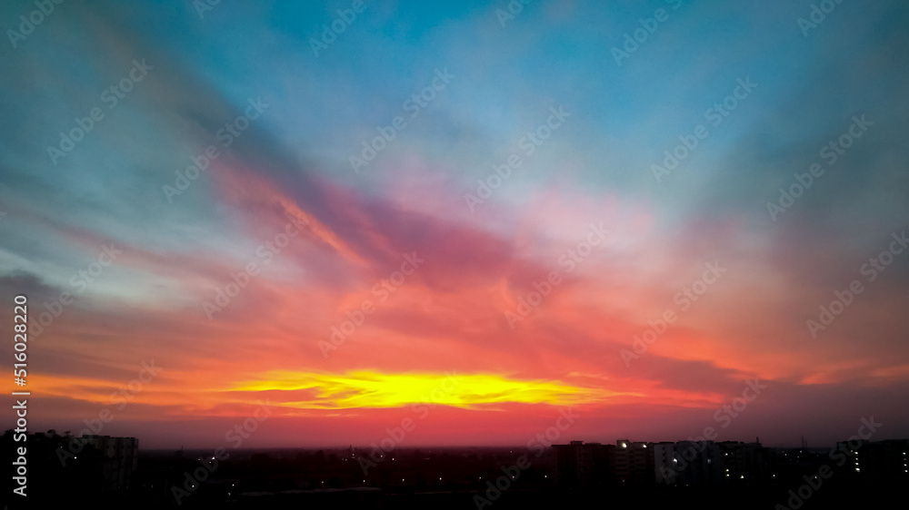 beautiful dawn in the city, colorful clouds in sky, nature photography, natural scenery background 