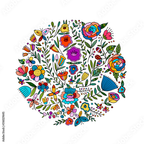 Floral Garden. Spring concept Background. Circle frame for your design, busin...