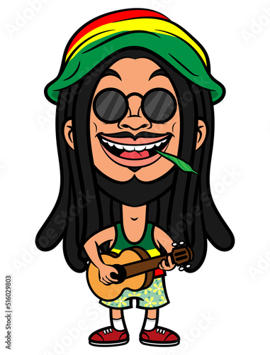 Cartoon illustration of Dreadlocks men wearing sunglasses, beanie hat, tank top, and shorts beach, playing guitar while smoking marijuana, best for mascot, sticker, and logo with reggae music themes photo